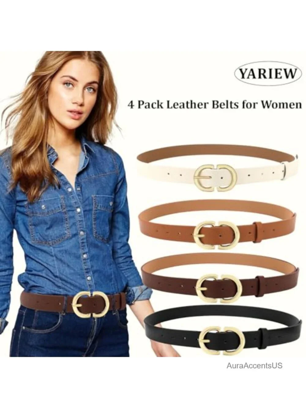 4 Pack Faux Leather Belts for Women Gold Buckle Waist Belt Dress Casual